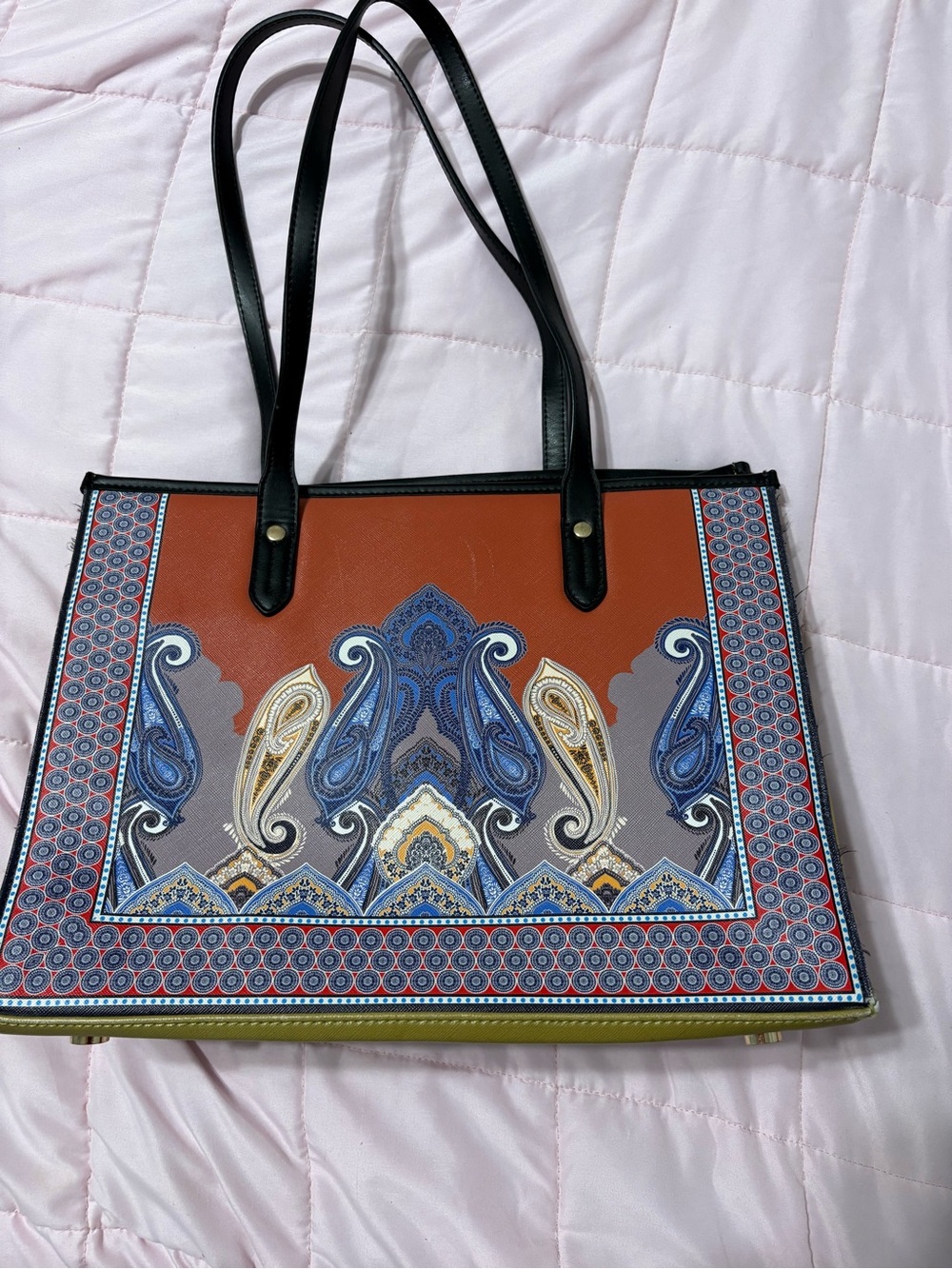 Paisley Print Tote Bag with Black Straps - Spartina 449 - Rust & Blue - Picture 2 of 5